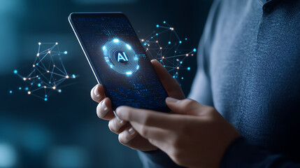 Poster - Man holding smartphone displaying AI icon with digital connections, showcasing technology and innovation in modern setting