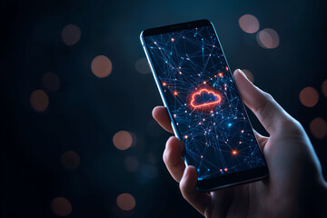 Poster - hand holding smartphone displaying glowing cloud icon with network design. image conveys sense of technology and connectivity