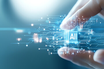 Poster - image depicts hand interacting with glowing button labeled AI, surrounded by network of digital circuits, symbolizing advanced technology and artificial intelligence