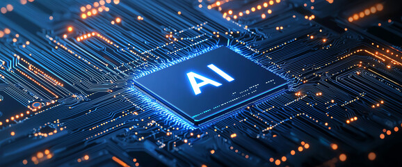 Poster - AI chip on circuit board with glowing connections, representing technology and innovation. intricate design showcases future of artificial intelligence