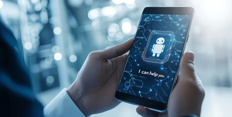 Poster - Close up of businessman holding smartphone displaying robot interface, symbolizing technology and assistance. screen shows I can help you with digital background