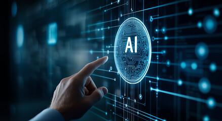 Poster - businessman interacts with digital hologram representing artificial intelligence technology, showcasing innovation and technology advancement