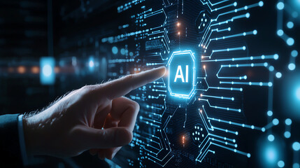Poster - Businessman interacting with digital AI icon on futuristic interface, showcasing technology and innovation in modern workspace