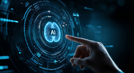 Aufkleber - Digital hologram of brain with AI symbol, hand interacting with technology, futuristic interface, data visualization, innovation, artificial intelligence, virtual reality, technology concept