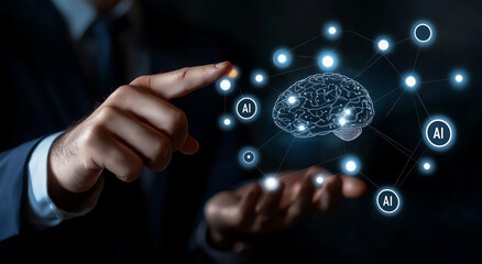 Poster - businessman interacting with digital brain, showcasing artificial intelligence concepts and technology. image conveys innovation and modernity