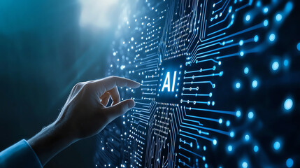 Poster - businessman touching digital glowing AI icon on circuit board. image conveys innovation and technology in digital age