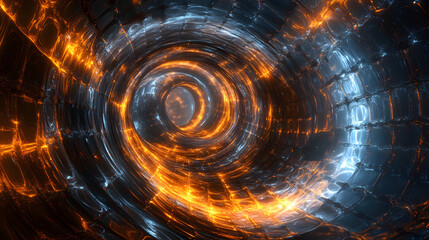 Poster - Spiral of orange and blue light creating a cosmic abstract pattern on a black background