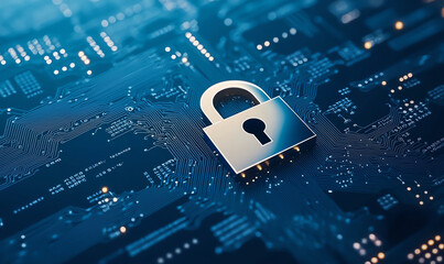 Poster - digital security background featuring lock symbol on circuit board, representing cybersecurity and d