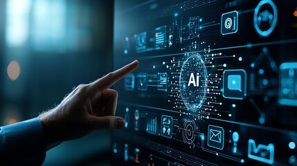 Poster - Man interacting with virtual hologram displaying AI technology and data visualization, showcasing innovation and digital transformation