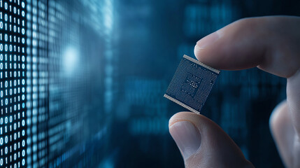 Poster - hand holding microchip against digital background with binary code, symbolizing technology and innov