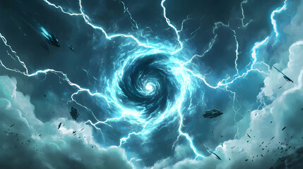 Poster - Abstract cosmic design featuring a spiral of lightning and colorful elements against a dark background