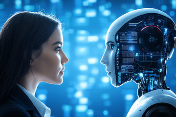 Poster - businesswoman in suit faces AI robot, showcasing futuristic interaction. scene highlights technology and innovation, evoking curiosity and intrigue