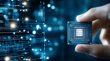 Aufkleber - hand holding microchip against digital background, symbolizing technology and innovation. image conveys sense of advancement and modernity