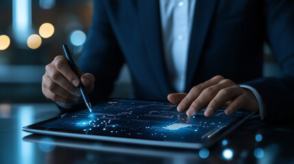 Poster - businessman uses tablet to interact with digital data, showcasing technology and innovation in modern workspace. scene conveys sense of professionalism and focus
