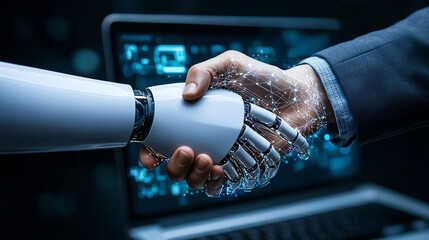 Poster - robotic hand shakes human hand, symbolizing collaboration between technology and humanity. background features digital interface, enhancing futuristic theme
