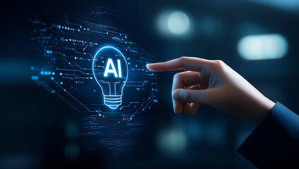 Poster - Hand touching glowing AI light bulb symbolizing innovation and technology