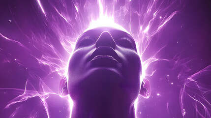 Poster - Womans face illuminated by purple light with a cosmic abstract background and tulip elements