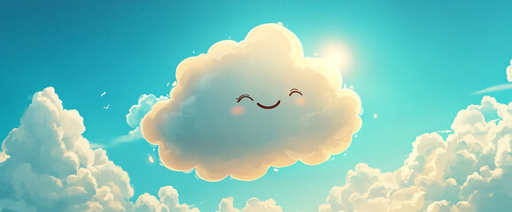 Poster - A smiling cloud floating in the blue sky, with a bright sun shining behind it, conveying happiness, positivity, and a peaceful atmosphere.