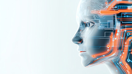 Poster - futuristic human head design featuring circuit board patterns and glowing wires, symbolizing integration of technology and humanity