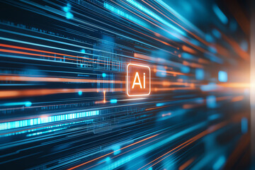 Poster - Futuristic technology background with glowing lines and AI symbol, representing advanced digital concepts and innovation in artificial intelligence