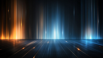 Poster - Futuristic digital background with glowing lines and vibrant colors. This abstract design features blue and orange light streaks, creating dynamic and energetic atmosphere
