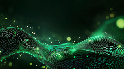 Poster - Abstract digital background with glowing green waves and particles, creating mesmerizing visual effect. design evokes sense of depth and movement