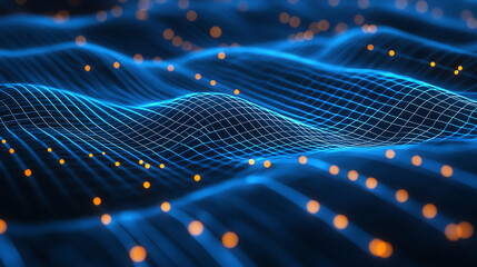 Poster - Abstract digital background with blue and orange waves, glowing lines, and dots creating dynamic visual effect. This evokes sense of movement and energy