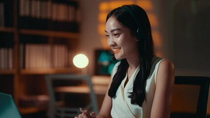 Poster - Young Asian businesswoman wearing headset using laptop making video call and online meeting at night, working late in private office, montage of different expressions