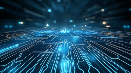 Poster - futuristic blue circuit board design with glowing lines and lights, creating sense of depth and technology. Ideal for tech related themes and digital backgrounds
