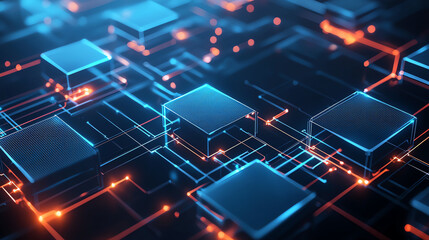 Aufkleber - Abstract background with glowing cubes and interconnected lines, showcasing futuristic digital landscape. vibrant blue and orange colors create dynamic and engaging atmosphere