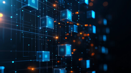 Poster - abstract digital background with glowing cubes and connections, representing technology and data flo