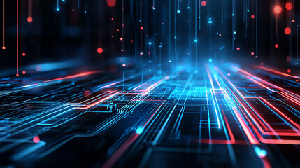 Poster - Abstract digital background with glowing blue and red lines, representing technology and data flow. vibrant colors create futuristic atmosphere, ideal for tech related themes