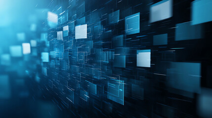Poster - Abstract background of blue digital data and code with floating squares, creating sense of depth and motion. Ideal for technology and digital themes