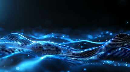 Poster - Digital waves with glowing blue dots create abstract background, evoking sense of depth and movement. This captivating design is perfect for technology and innovation themes