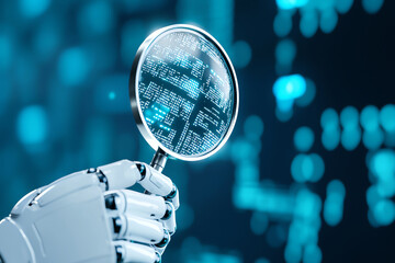 Poster - robotic hand holding magnifying glass, examining digital data in futuristic setting. scene conveys curiosity and technological advancement