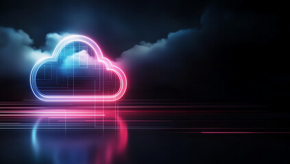 Poster - vibrant cloud computing concept featuring neon cloud design with colorful light trails, set against dark background