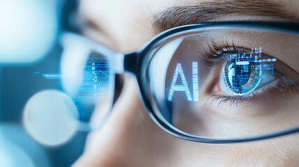 Poster - AI technology reflected in glasses, showcasing innovation and future vision. close up emphasizes eye detail and digital elements, creating sense of curiosity and advancement