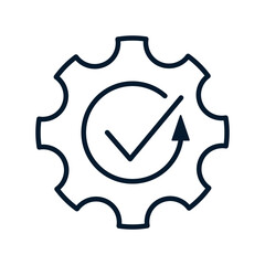 Poster - Gear, check mark, arrow in a circle. Concept process successfully completed. Vector linear icon isolated on white background.