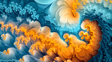 Poster - Computer generated image of orange and blue flowers in a cosmic surreal setting with abstract design elements