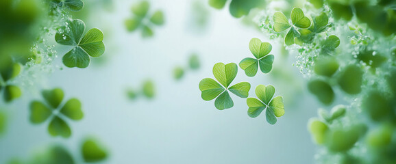 Poster - A close-up of fresh clover leaves with a soft, blurred background, symbolizing good luck and prosperity, commonly associated with St. Patrick's Day.