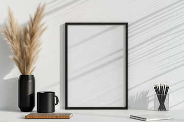Decorative pampas grass in vase near frame and stationery on table. Home decoration with lifestyle decor near blank frame on table with mug and pencils. Minimalist home decor