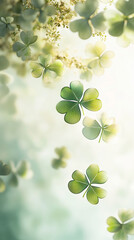 Poster - A close-up of floating clover leaves in soft focus, creating a dreamy atmosphere, representing luck, prosperity, and nature, with a fresh, bright background of light greens.