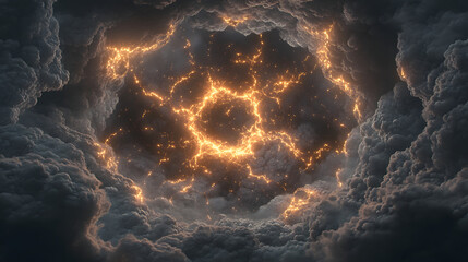 Poster - Dramatic dark sky with large yellow light cloud over landscape during twilight