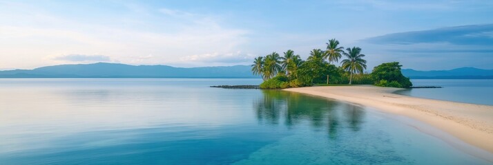 Wall Mural - A beautiful beach with a palm tree in the foreground. The water is calm and the sky is clear