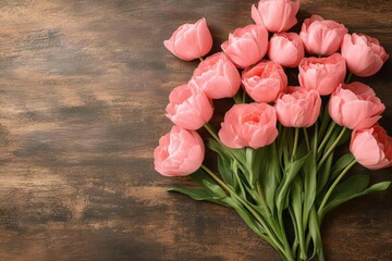 Wall Mural - A beautiful bouquet of pink flowers elegantly arranged on a rustic wooden table, showcasing nature's charm and vibrant colors.