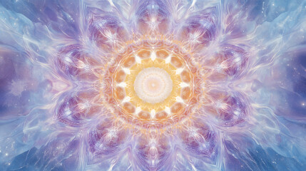 Poster - Blue and yellow flower with star shaped center in a dreamlike setting with blurred background