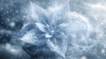 Poster - Flower emerging from snow with blurred background and soft glow in winter landscape