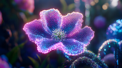Poster - Purple flower with water droplets against a blurred background in a dreamlike setting