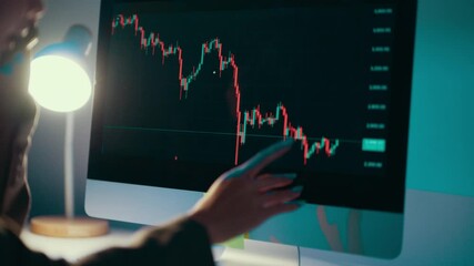 Poster - Professional female executive examining downward stock market graph, evaluating financial performance during late-night corporate strategy session