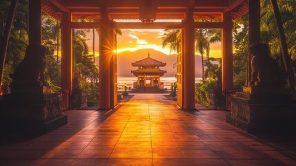 Wall Mural - A stunning aerial view of a pagoda silhouetted against a vibrant sunset, showcasing the beauty of architecture and nature in harmony.